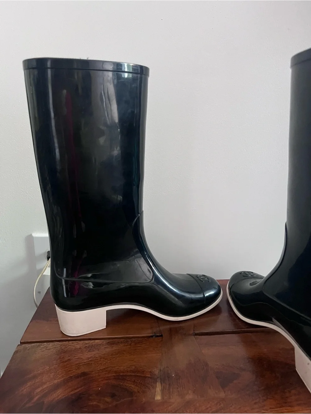 Women's Black Rain Boots with Cream and Black Camellias - Picture 6 of 11